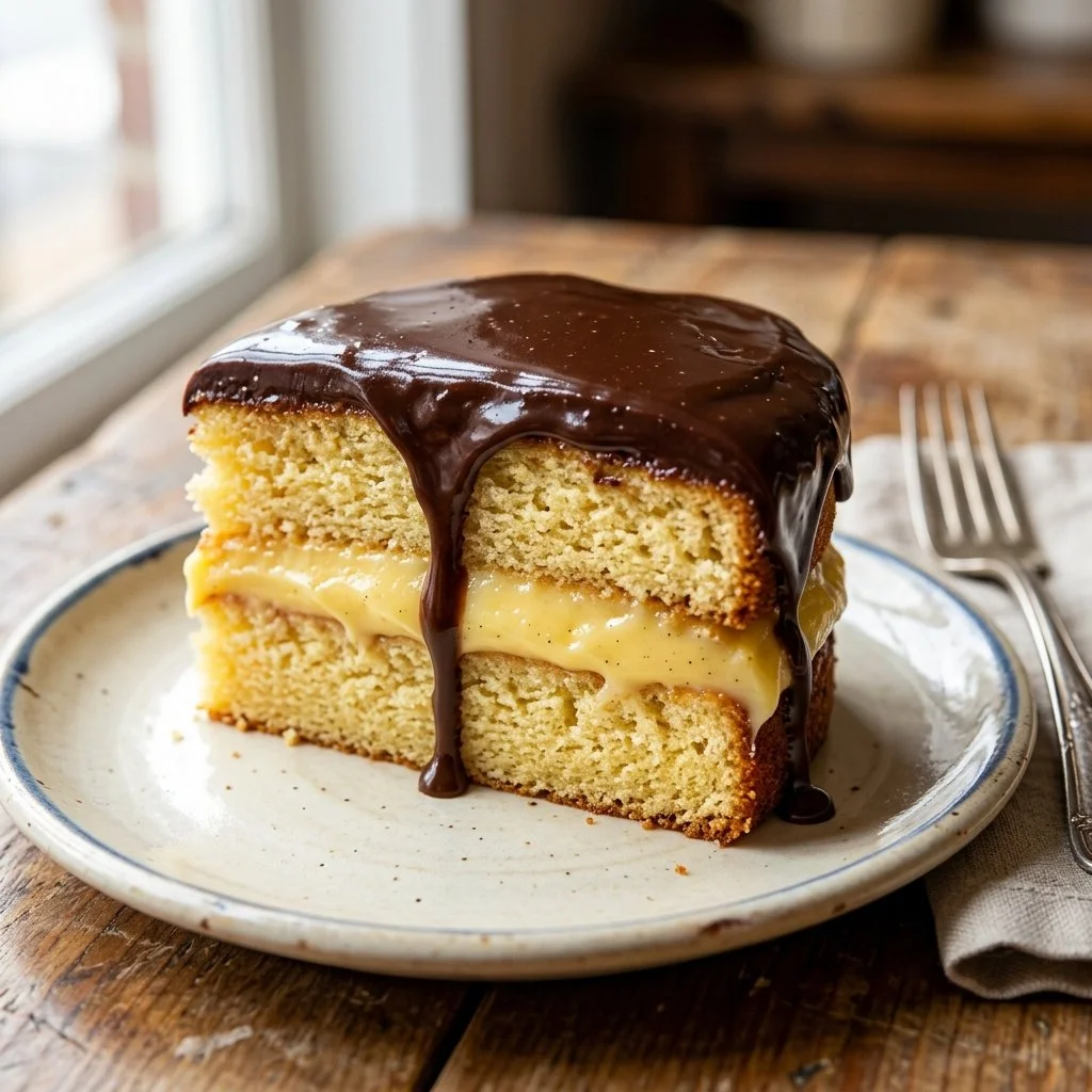 Delicious Boston Cream Pie with rich chocolate and creamy custard filling