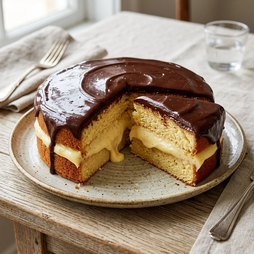 Delicious Boston Cream Pie with layers of chocolate and custard