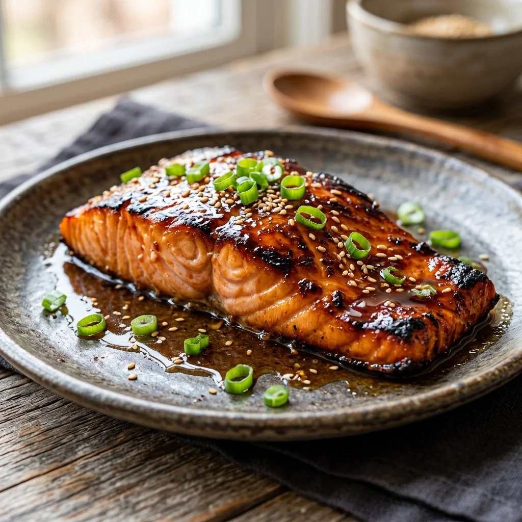 Bourbon glazed salmon fillet garnished with green herbs on a plate.