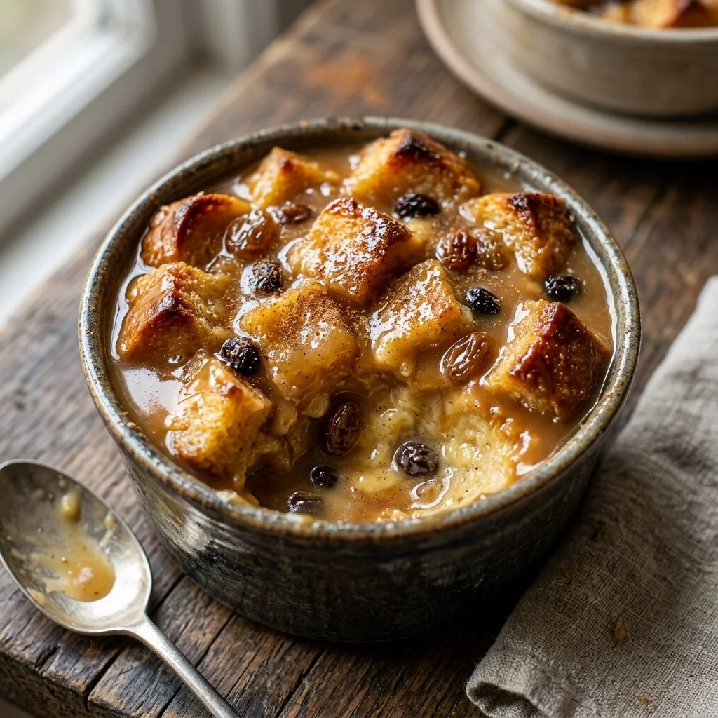 A warm bowl of homemade bread pudding topped with creamy sauce and spices.