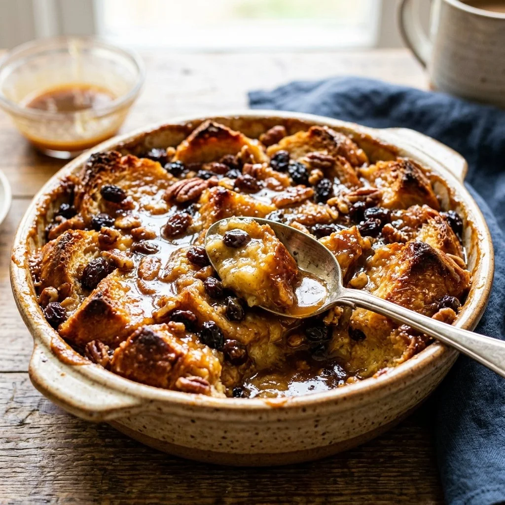Delicious homemade bread pudding topped with cream and caramel sauce.