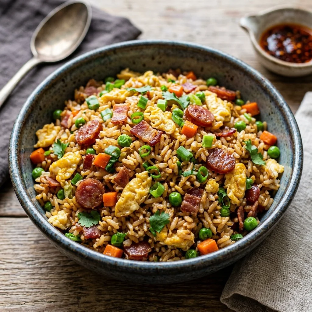 Bowl of delicious breakfast fried rice with vegetables and eggs