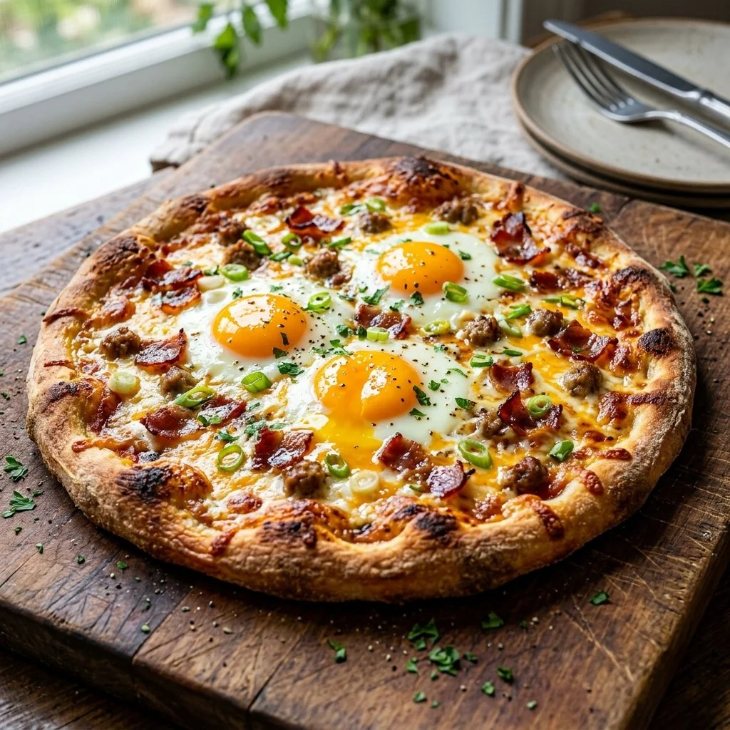 Delicious homemade Breakfast Pizza topped with eggs, cheese, and fresh vegetables