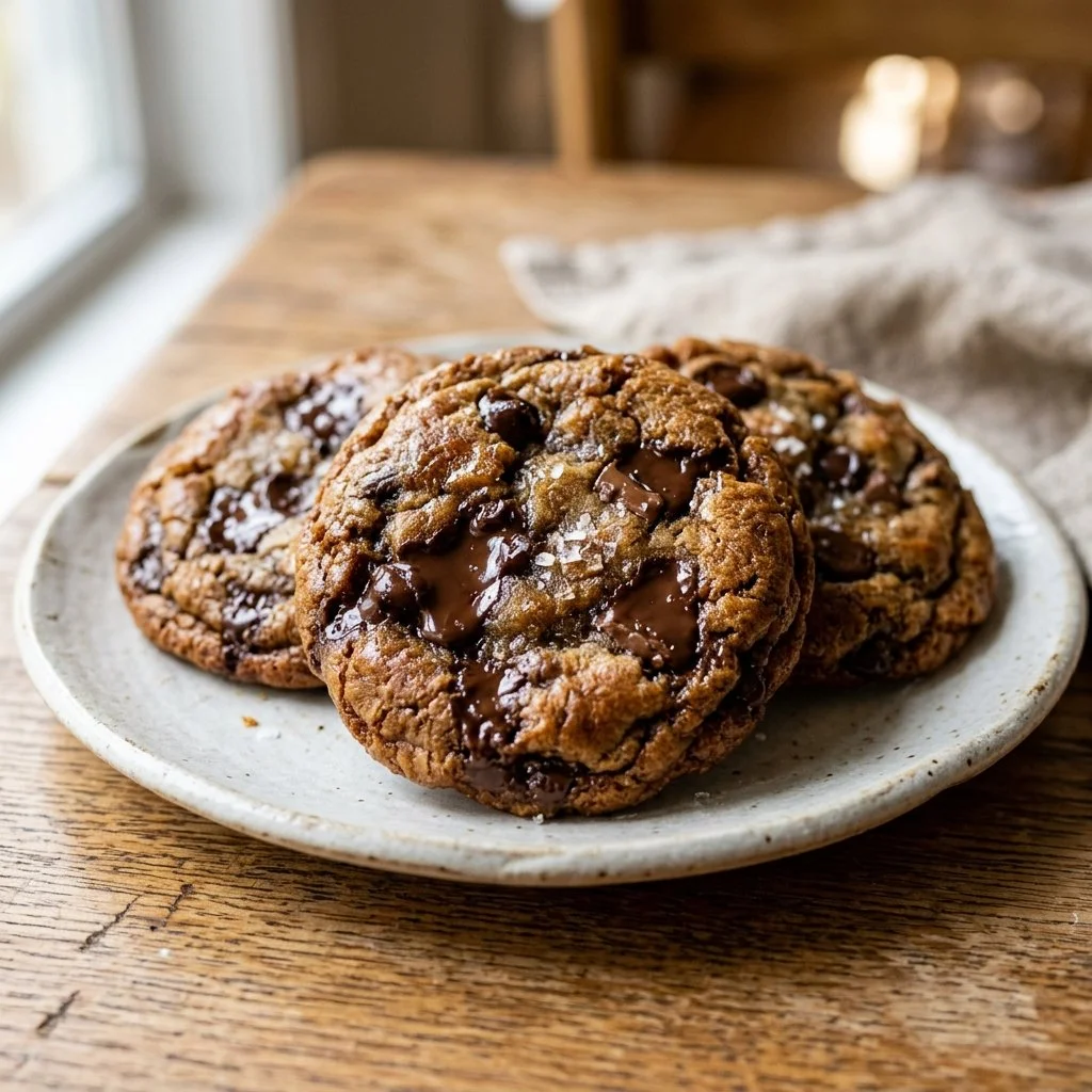 Freshly baked brown butter chocolate chip cookies on a plate