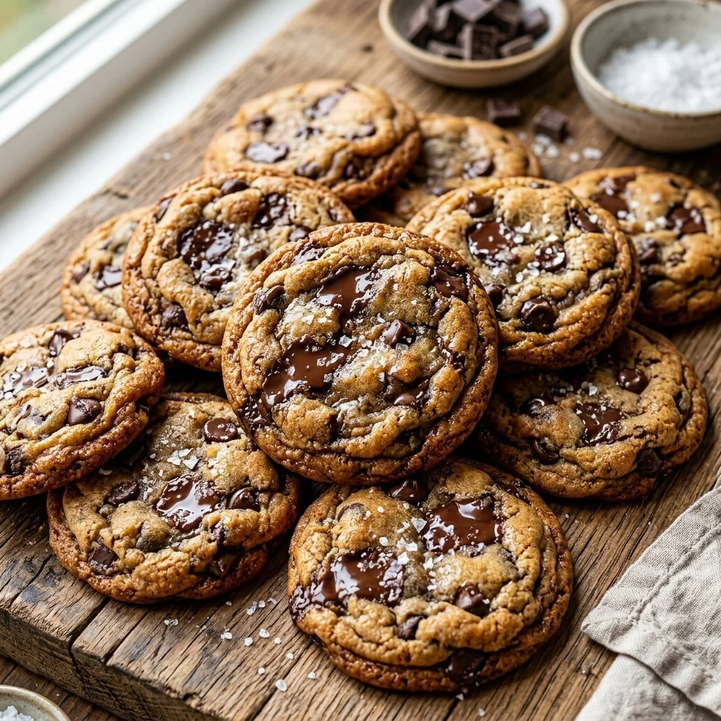 Plate of freshly baked brown butter cookies with a golden-brown hue