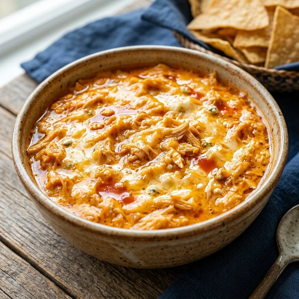 Delicious buffalo chicken dip served in a bowl with chips
