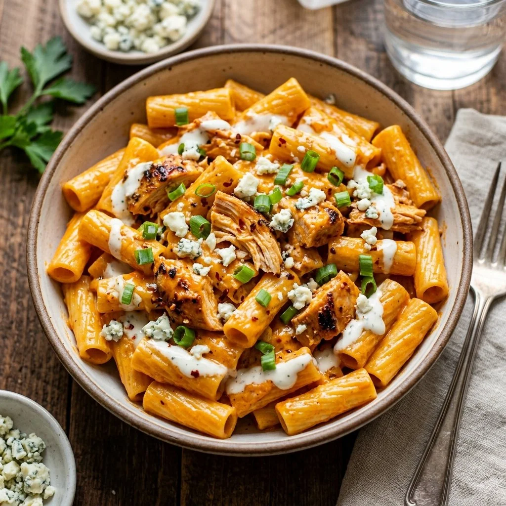 Creamy Buffalo Chicken Pasta garnished with green onions and served in a bowl