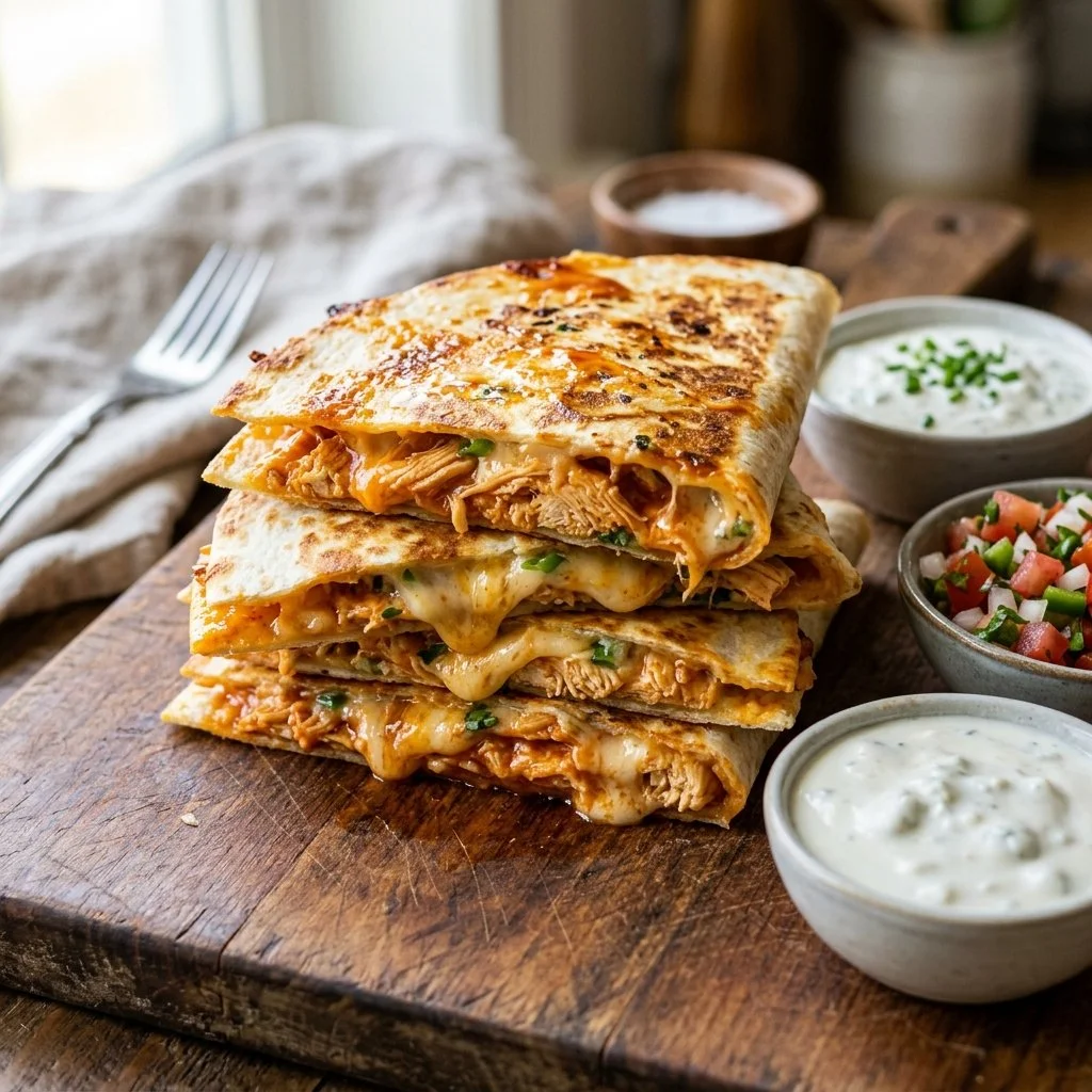 Delicious and spicy Buffalo Chicken Quesadillas served on a white plate