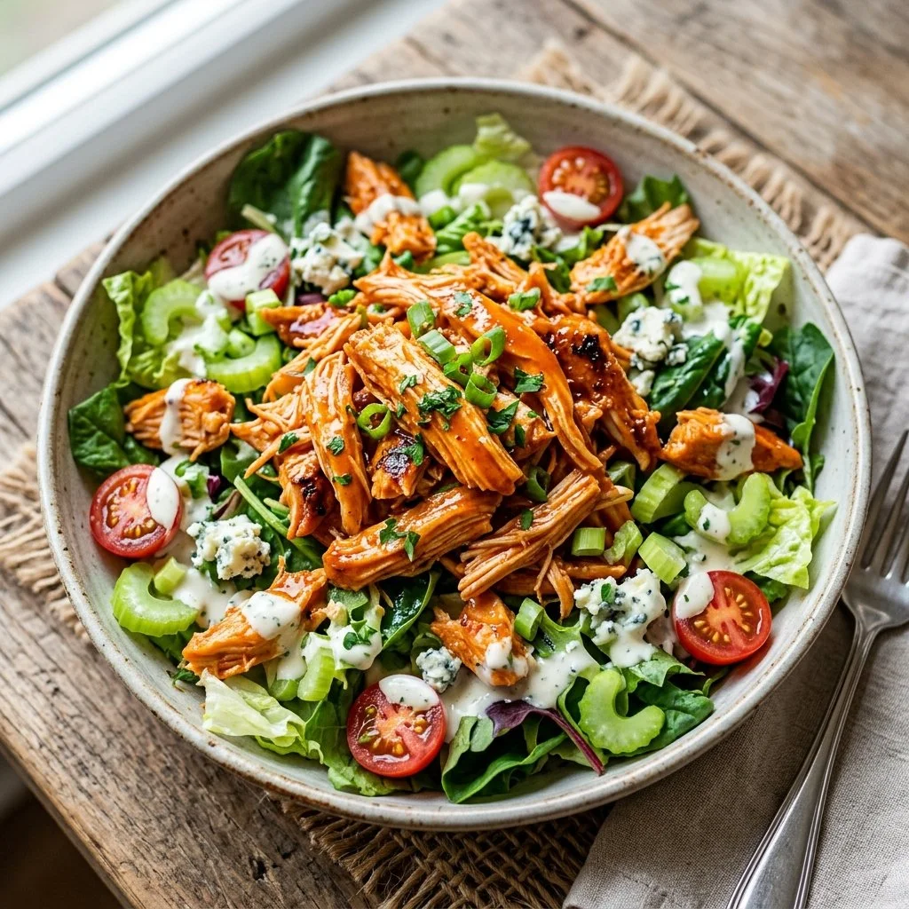 Delicious Buffalo Chicken Salad with greens and spicy chicken bites