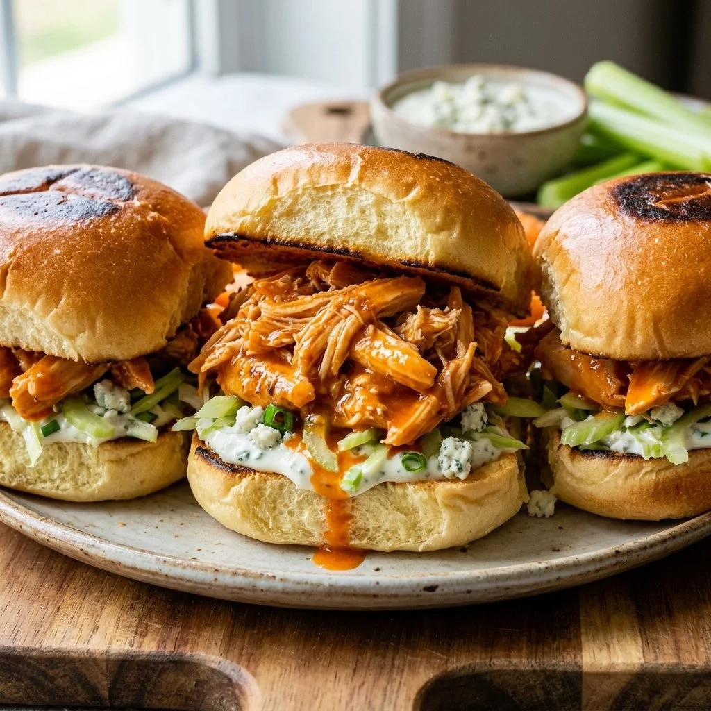 Buffalo Chicken Sliders served on a platter with dipping sauce