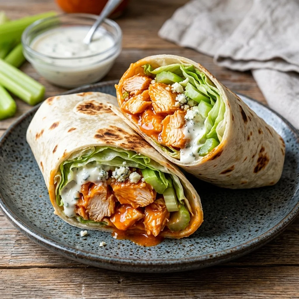 Buffalo Chicken Wraps filled with spicy chicken and fresh vegetables