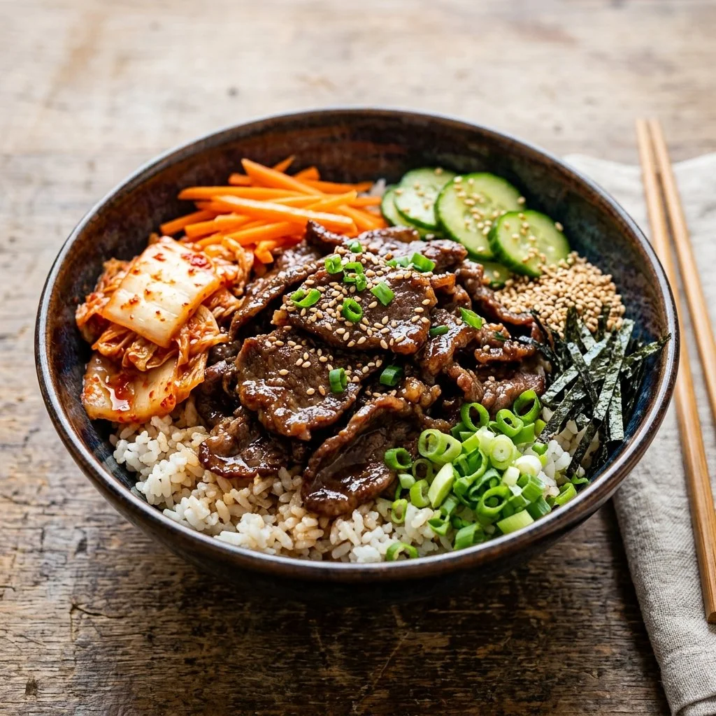 Bulgogi beef bowls with marinated beef and fresh vegetables served in a bowl.