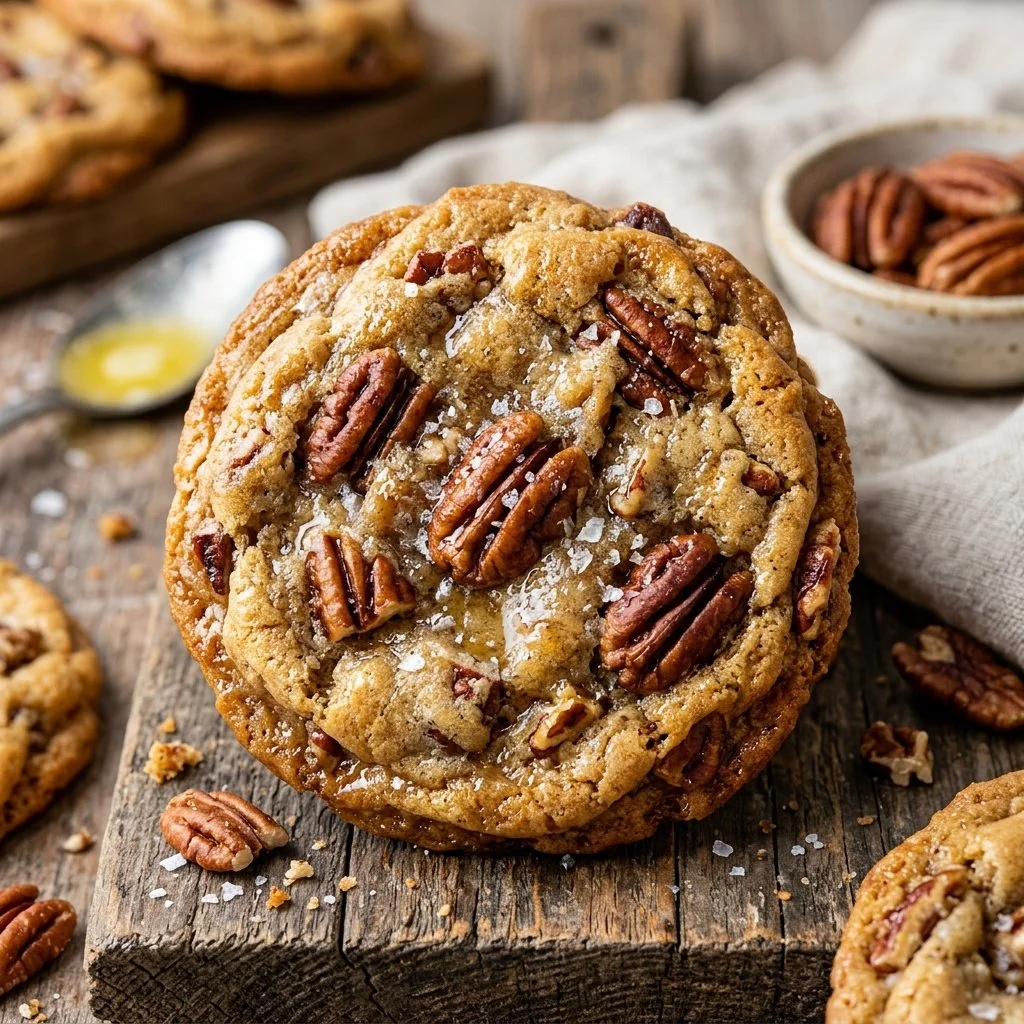 Freshly baked Butter Pecan Cookies with pecans on a cooling rack.