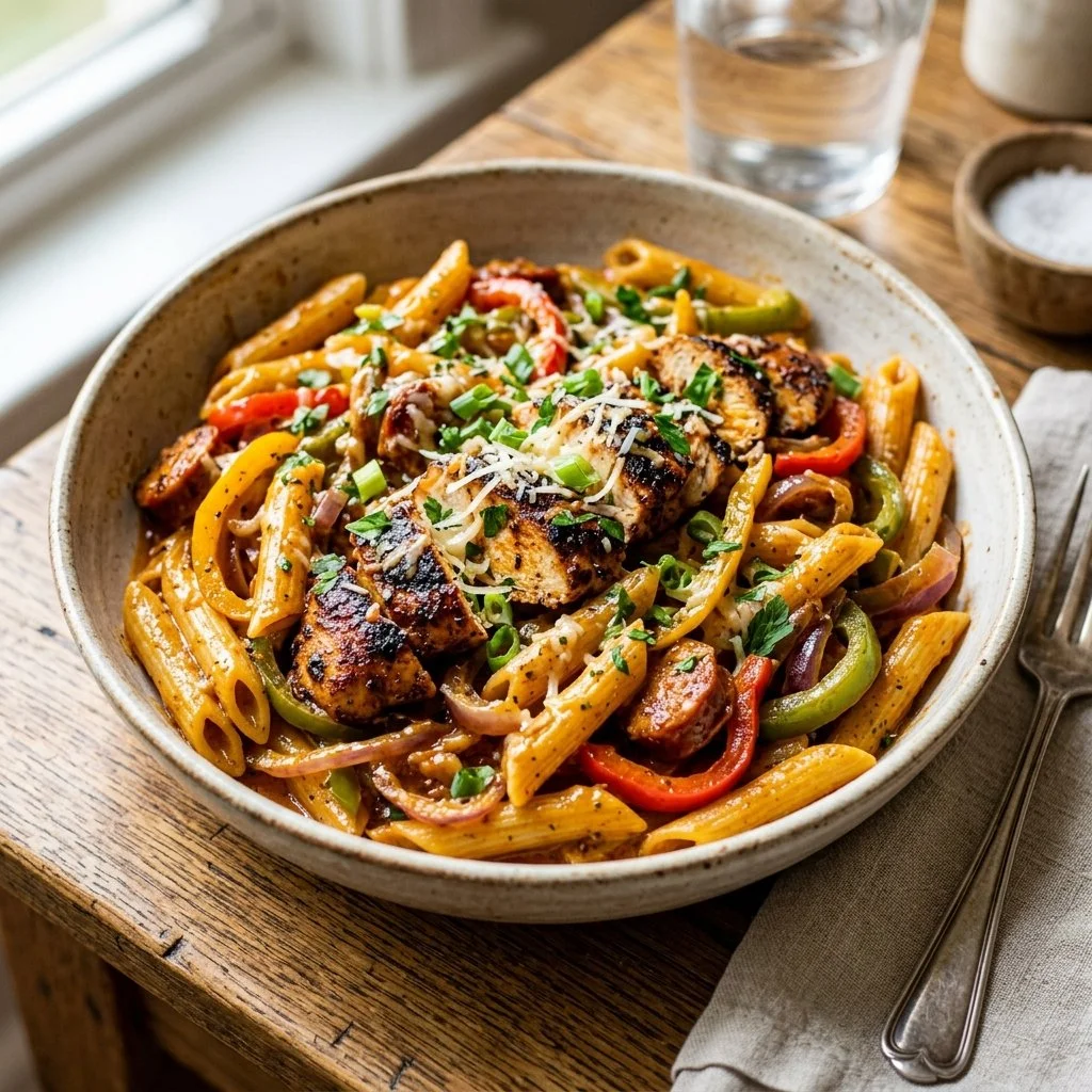 Cajun Chicken Pasta with creamy sauce and garnish in a bowl