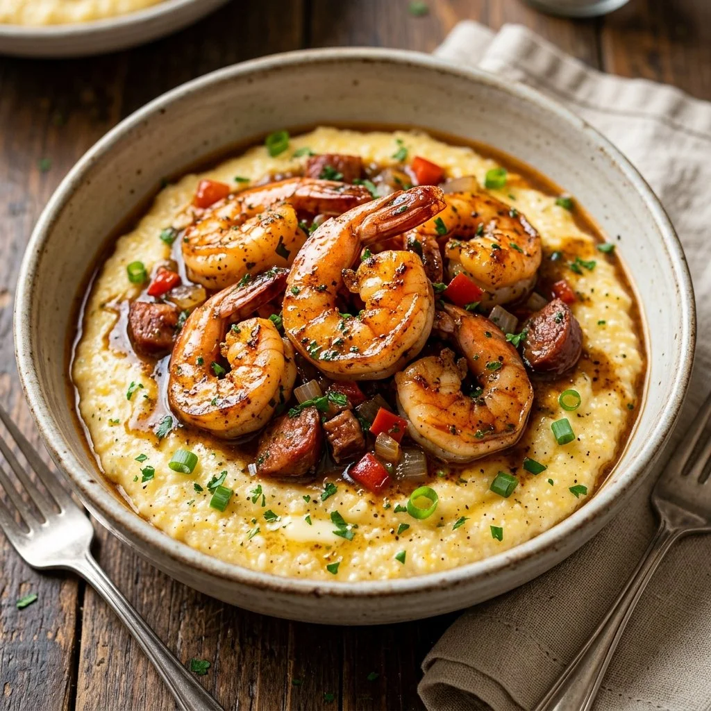 Delicious Cajun shrimp served over creamy grits in a bowl