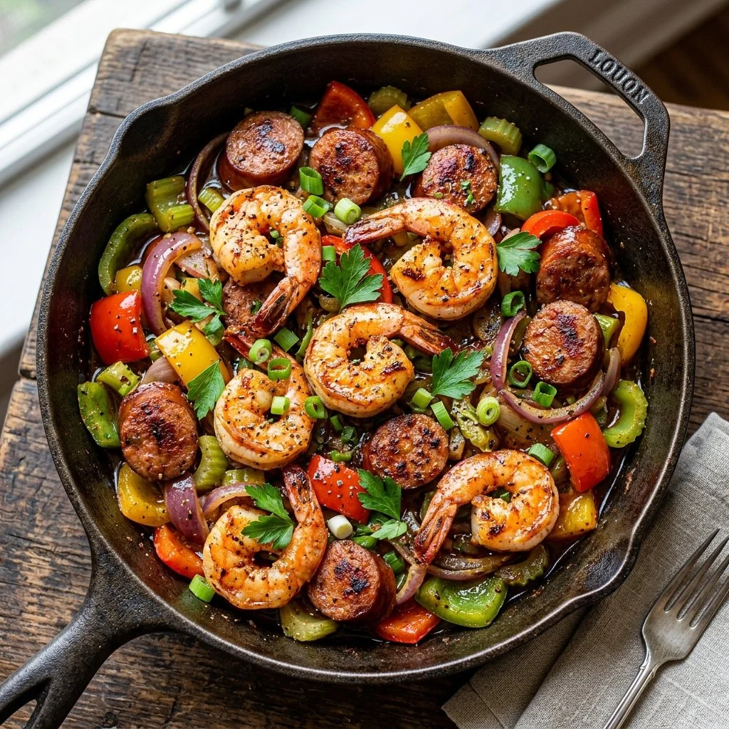 Cajun Shrimp and Sausage Skillet dish garnished with herbs