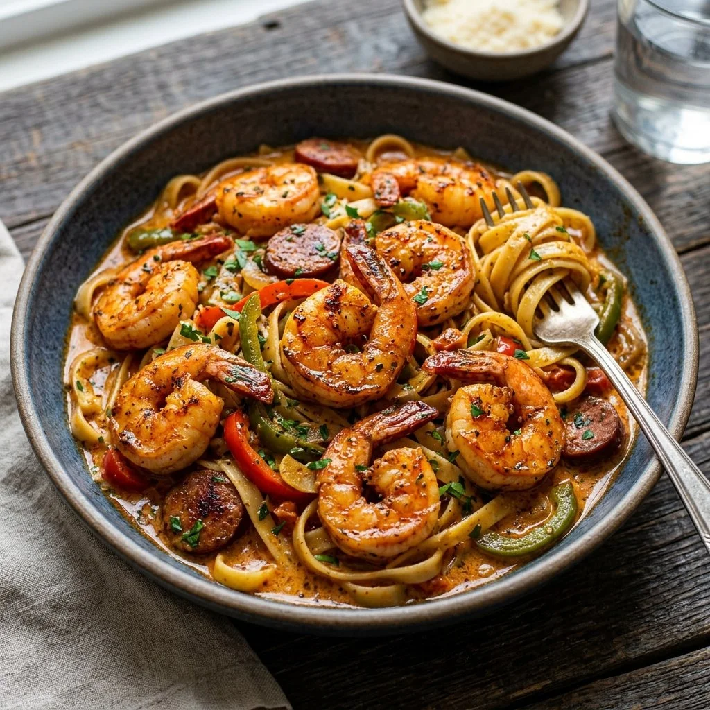 Delicious plate of Cajun Shrimp Pasta garnished with herbs and spices.