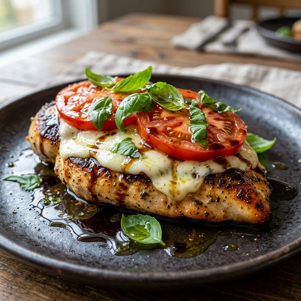 Caprese Chicken with tomatoes, mozzarella, and basil served on a plate