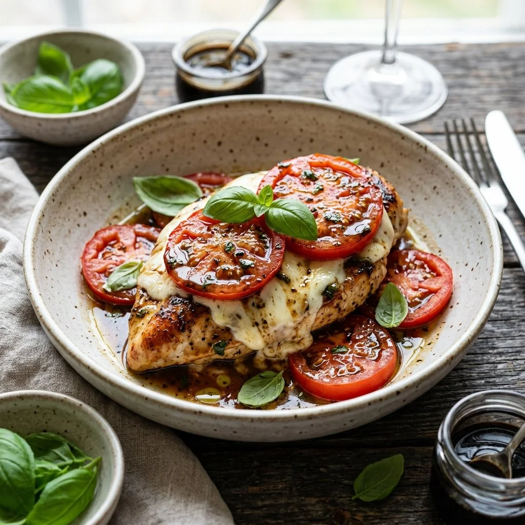 Delicious Caprese Chicken topped with fresh mozzarella, tomatoes, and basil.