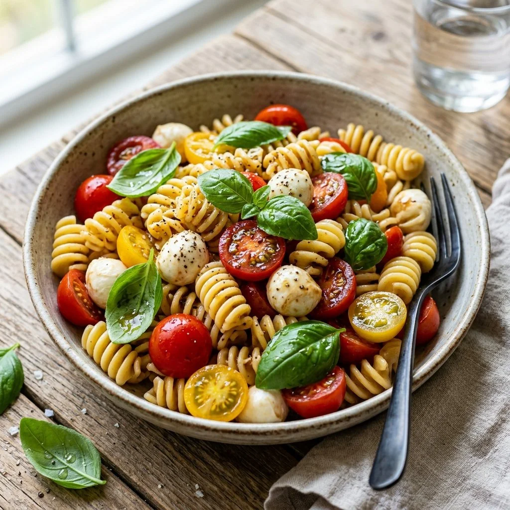 A vibrant bowl of Caprese Pasta Salad with tomatoes, mozzarella, and basil.