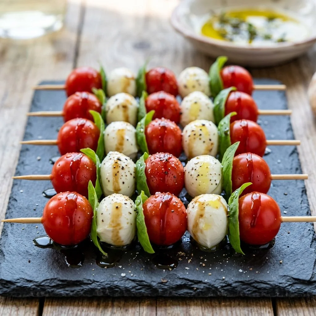 Fresh Caprese skewers with mozzarella, tomatoes, and basil on a platter.