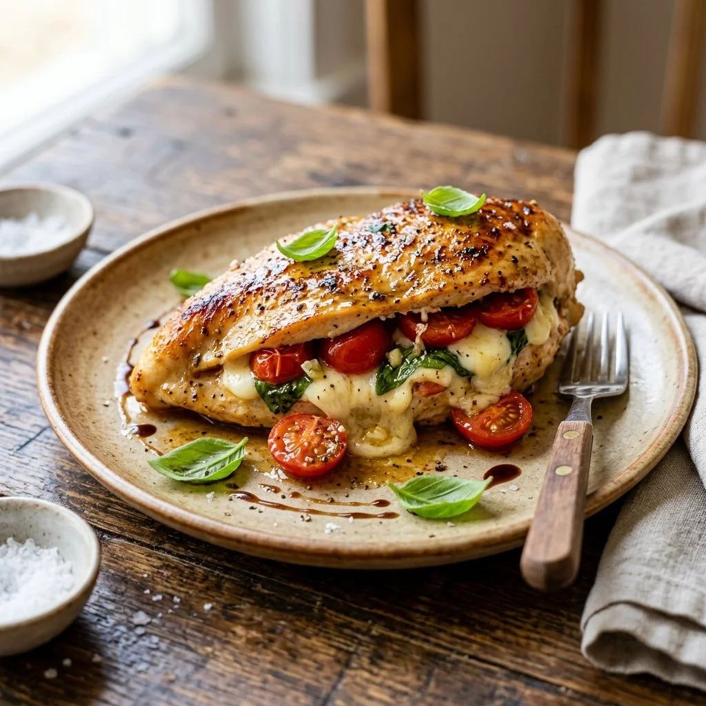 Delicious Caprese Stuffed Chicken with fresh tomatoes, basil, and mozzarella cheese.