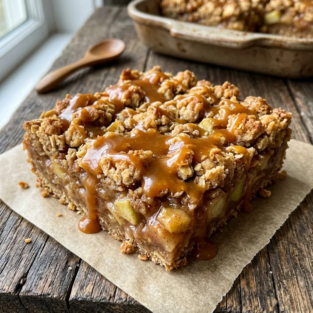 Delicious homemade caramel apple bars topped with drizzled caramel and fresh apple slices.