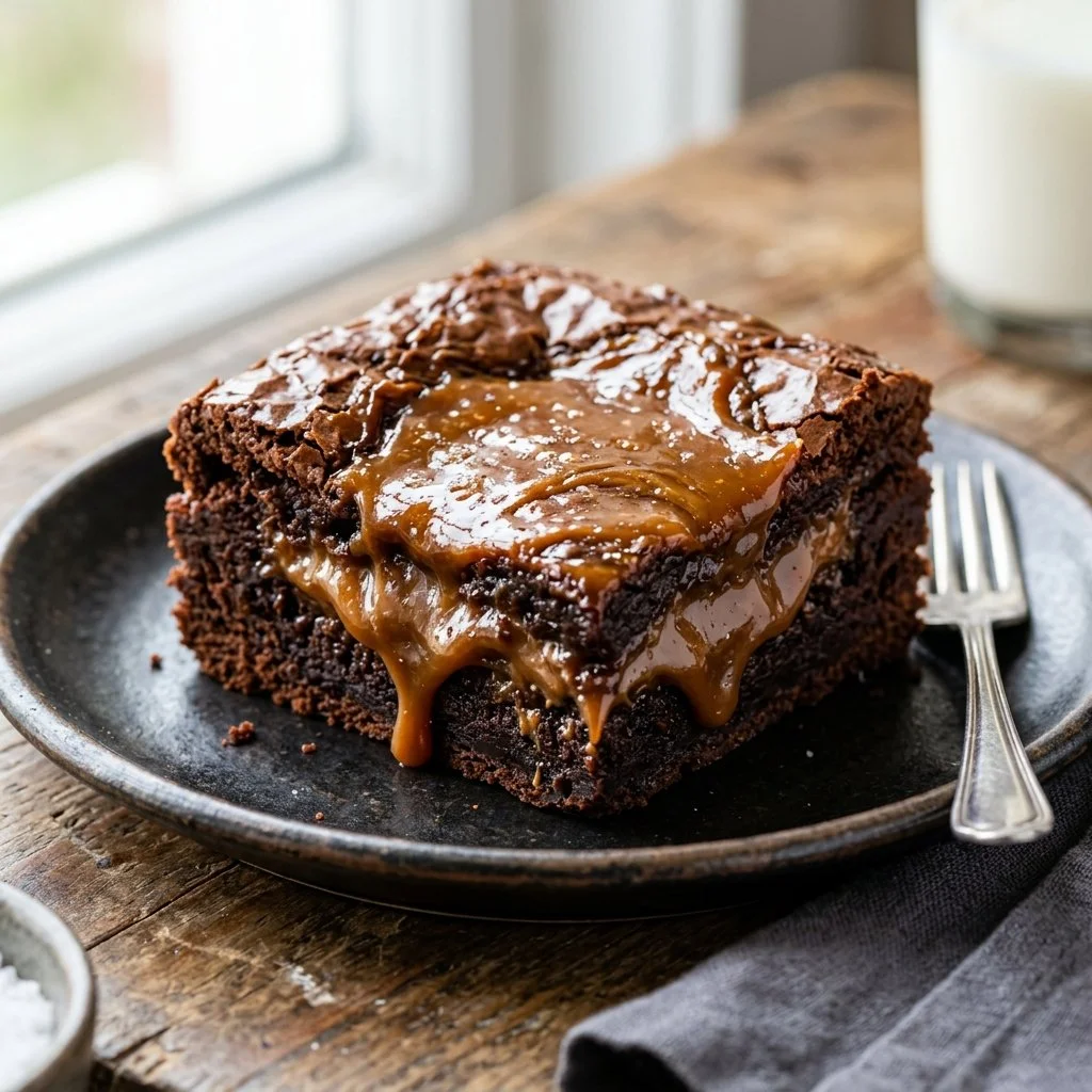 Delicious caramel brownies with gooey caramel and rich chocolate topping