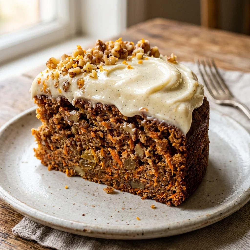 Delicious homemade carrot cake with cream cheese frosting and walnuts