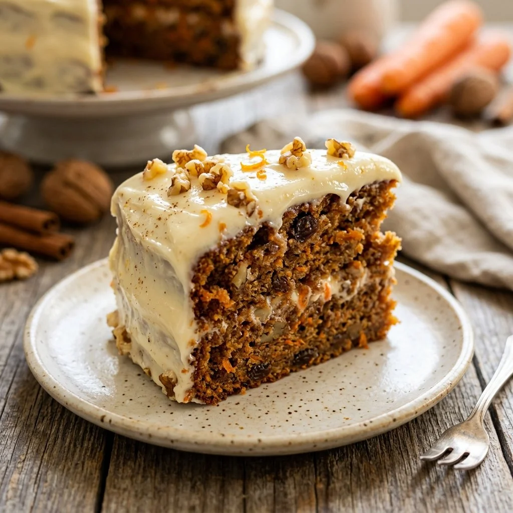 Delicious slice of homemade carrot cake with cream cheese frosting