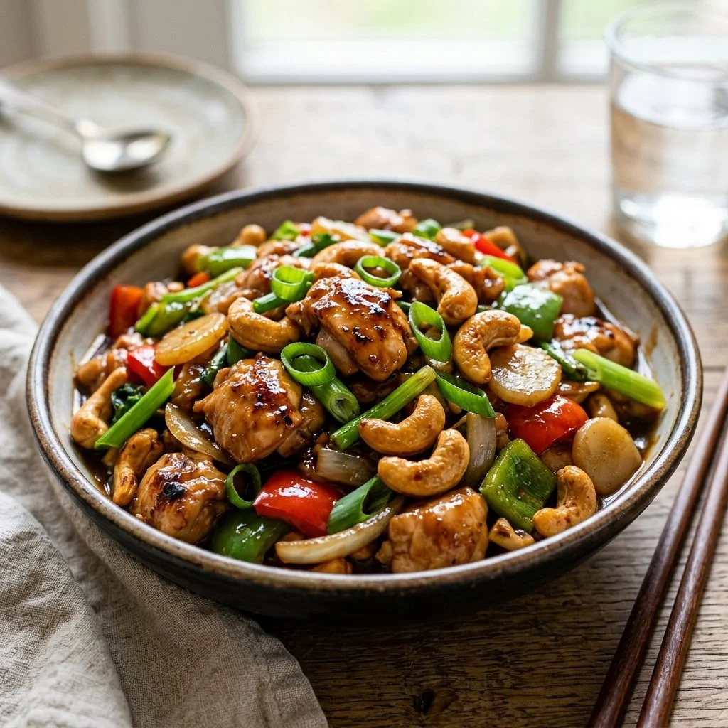 Delicious plate of cashew chicken with vegetables and rice