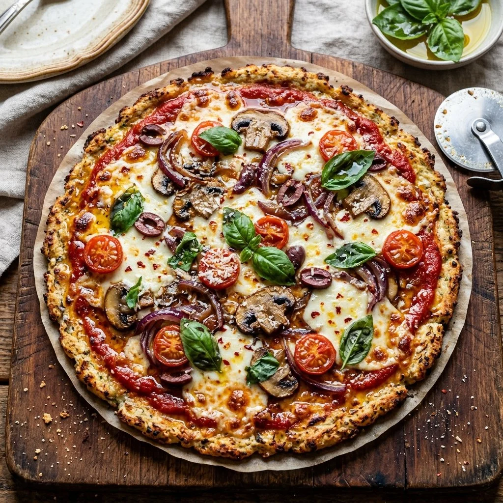 Delicious homemade cauliflower crust pizza topped with fresh vegetables and cheese