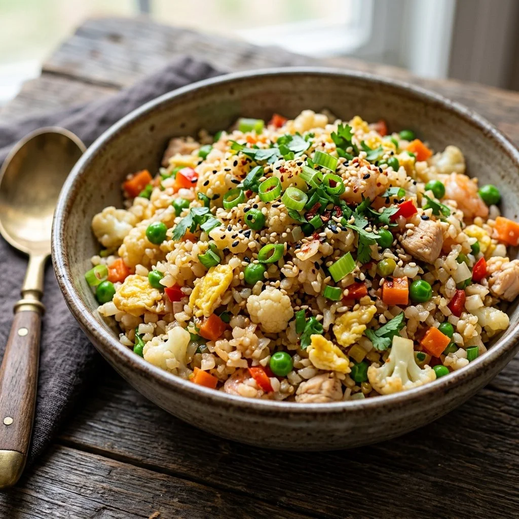 Bowl of colorful cauliflower fried rice with vegetables