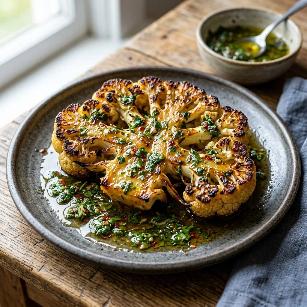 Delicious grilled cauliflower steak served with herbs and spices