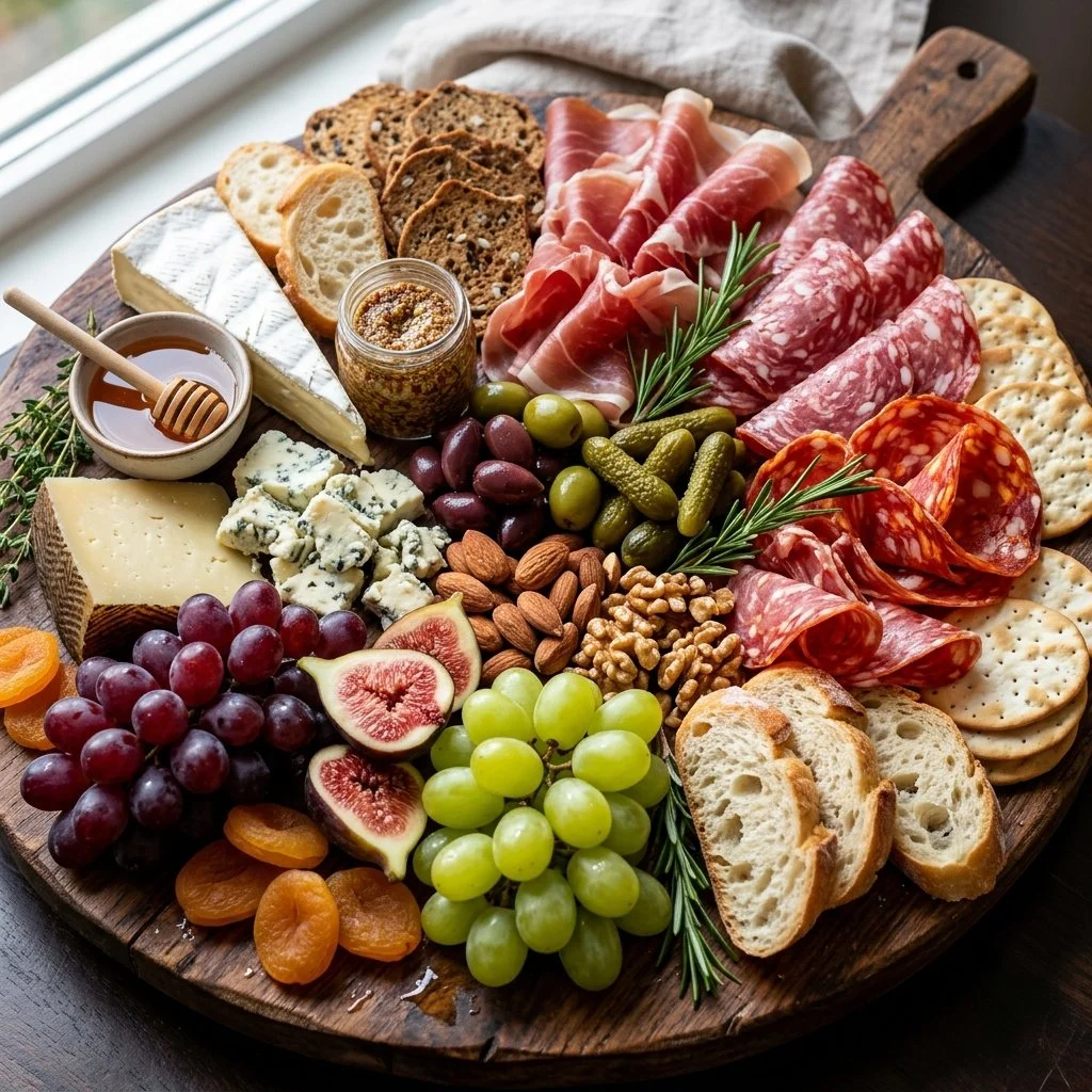 An elegant charcuterie board with assorted meats, cheeses, and garnishes.