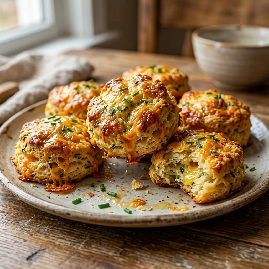 Cheddar chive biscuits fresh out of the oven, golden and flaky
