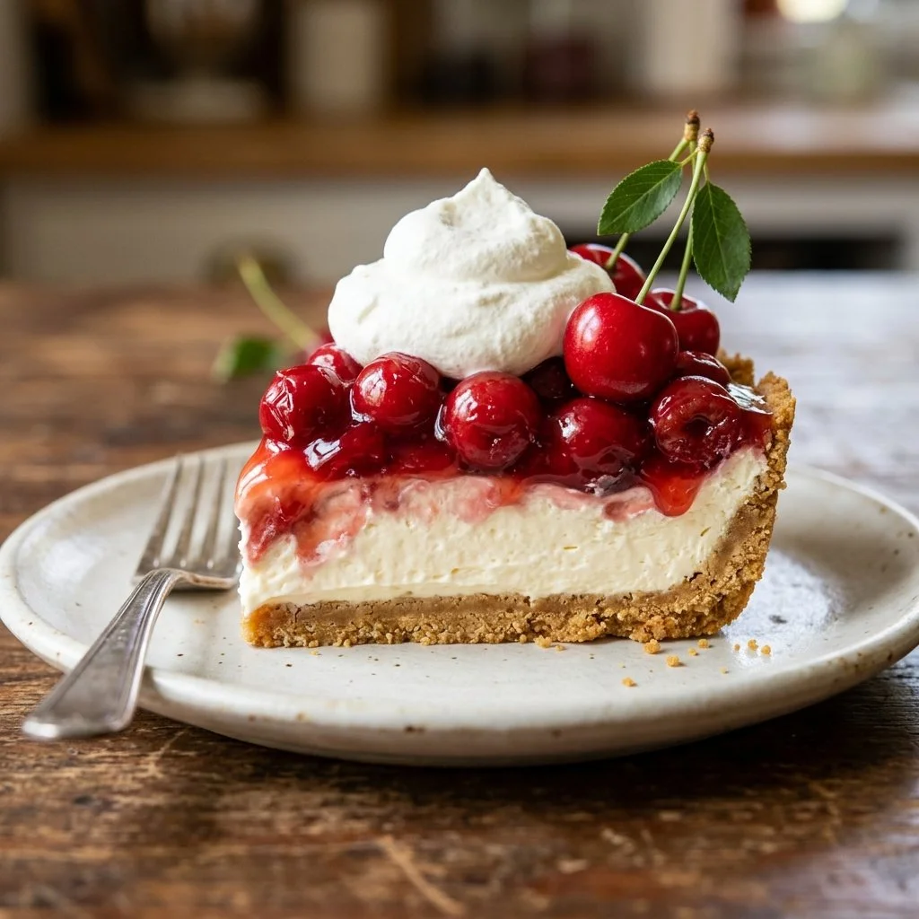 Delicious Cherry Cheesecake Lush dessert with cherry topping and cream.