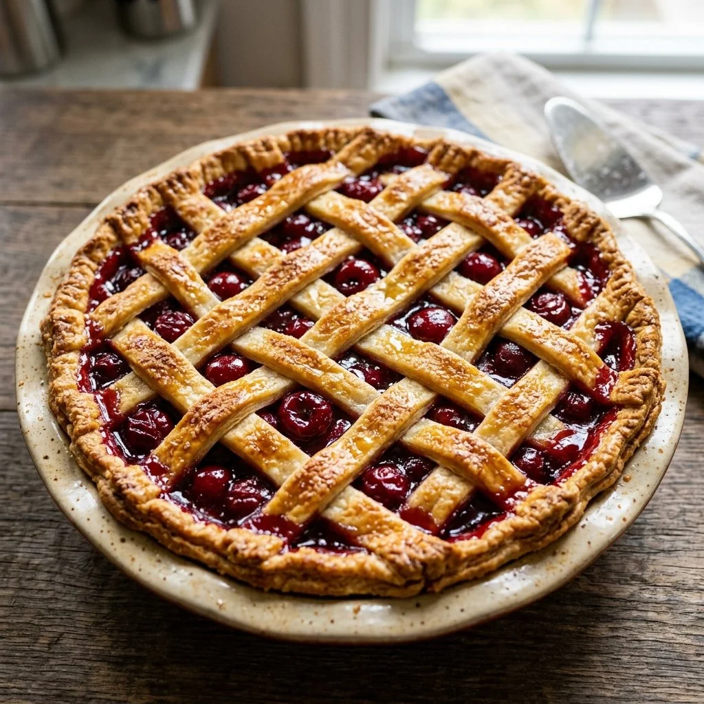 Delicious homemade cherry pie served with a scoop of vanilla ice cream