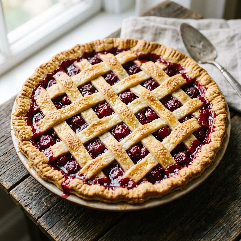 Delicious cherry pie with flaky crust and fresh cherries