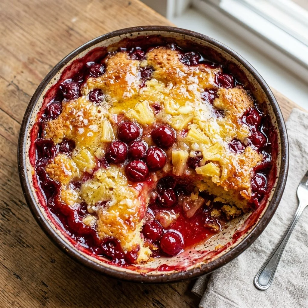 Easy Cherry Pineapple Dump Cake served with whipped cream