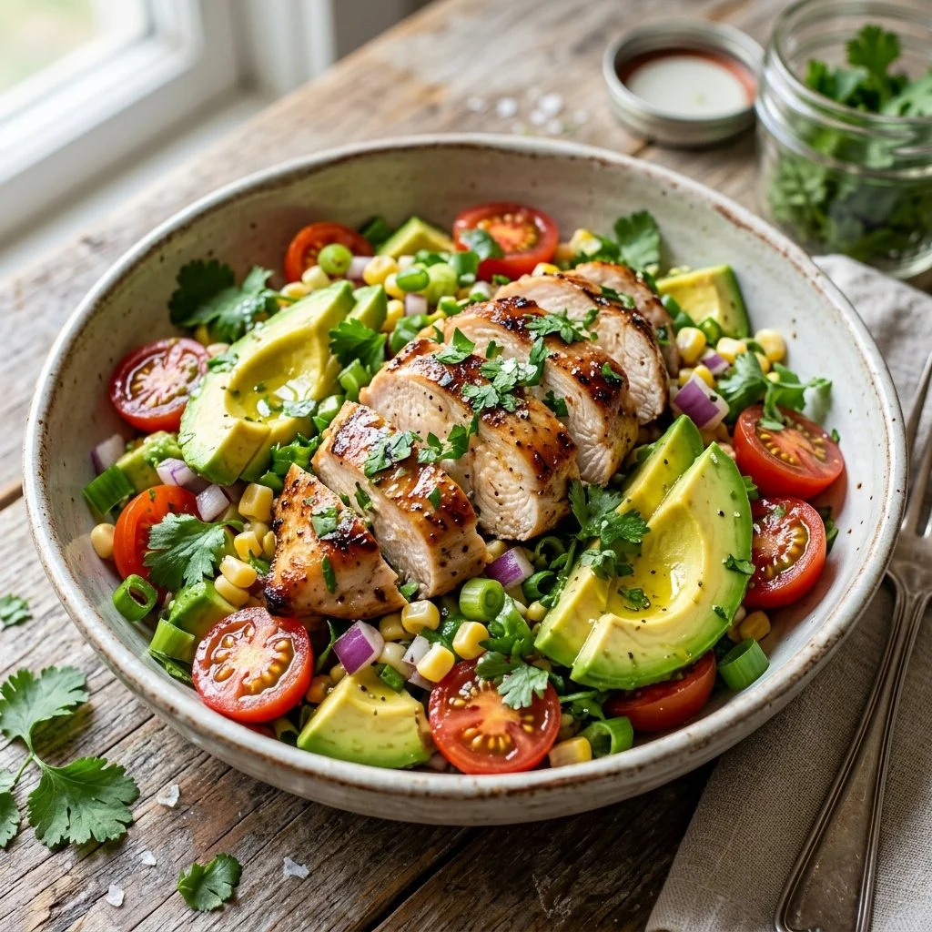 Delicious bowl of Chicken Avocado Salad with fresh ingredients and vibrant colors
