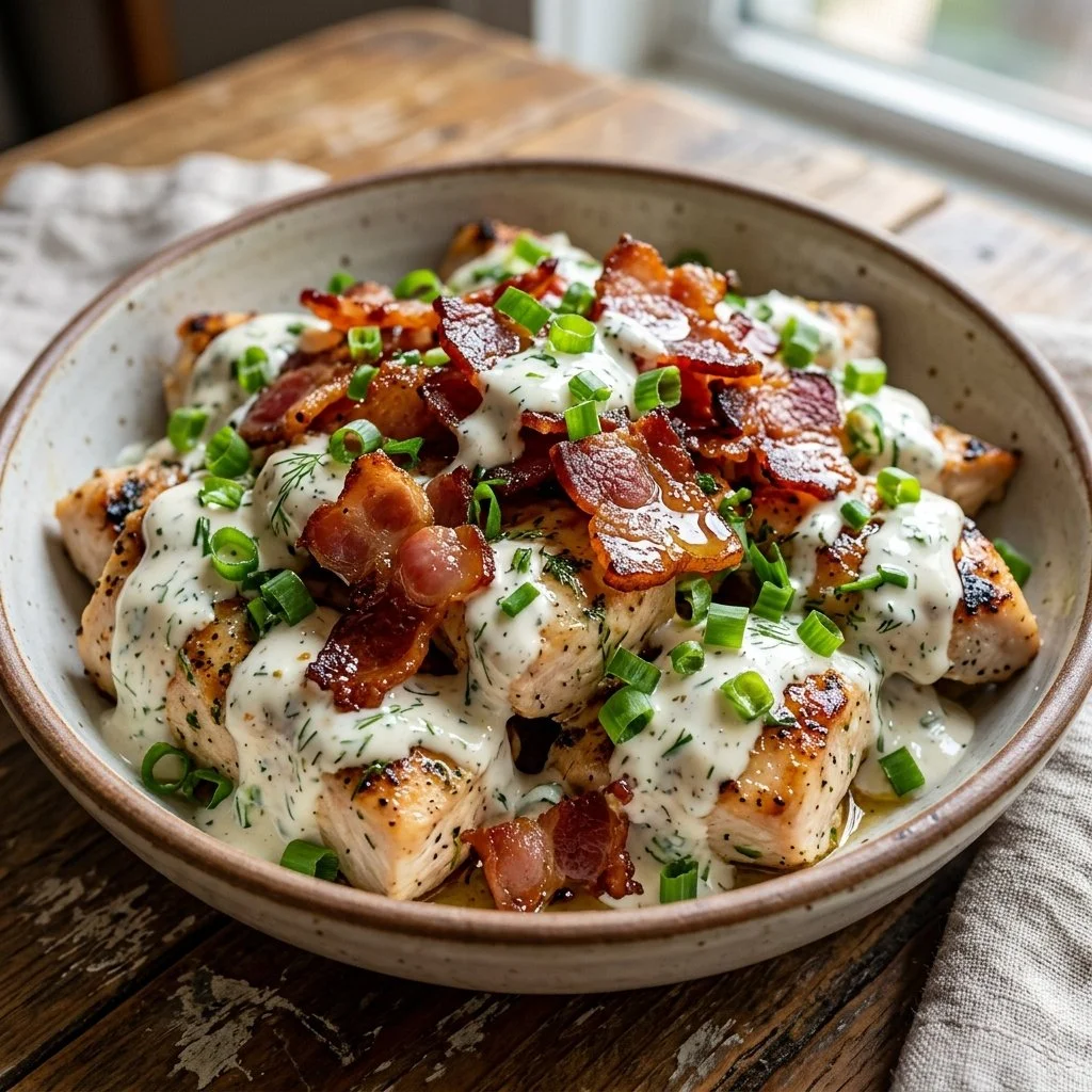 Delicious Chicken Bacon Ranch dish topped with crispy bacon and ranch dressing