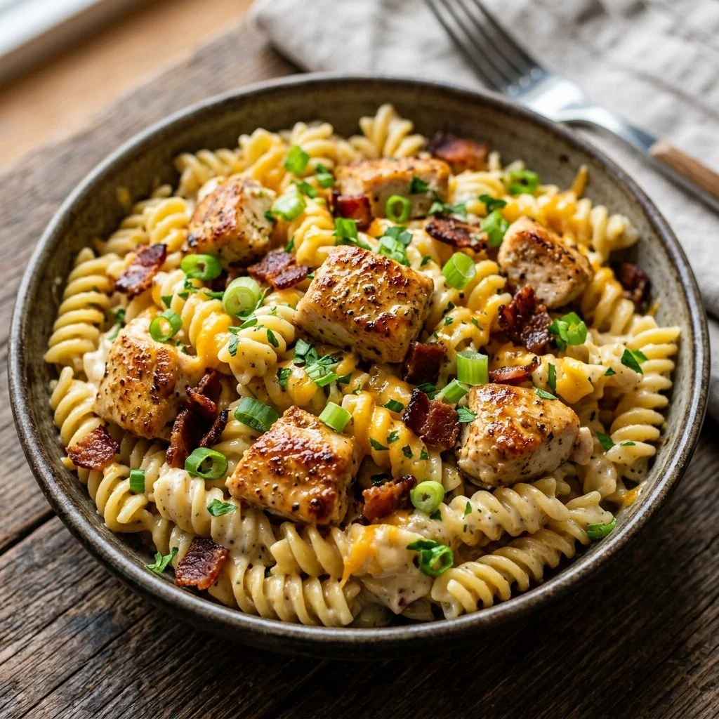 Creamy Chicken Bacon Ranch Pasta dish served in a bowl with garnishes