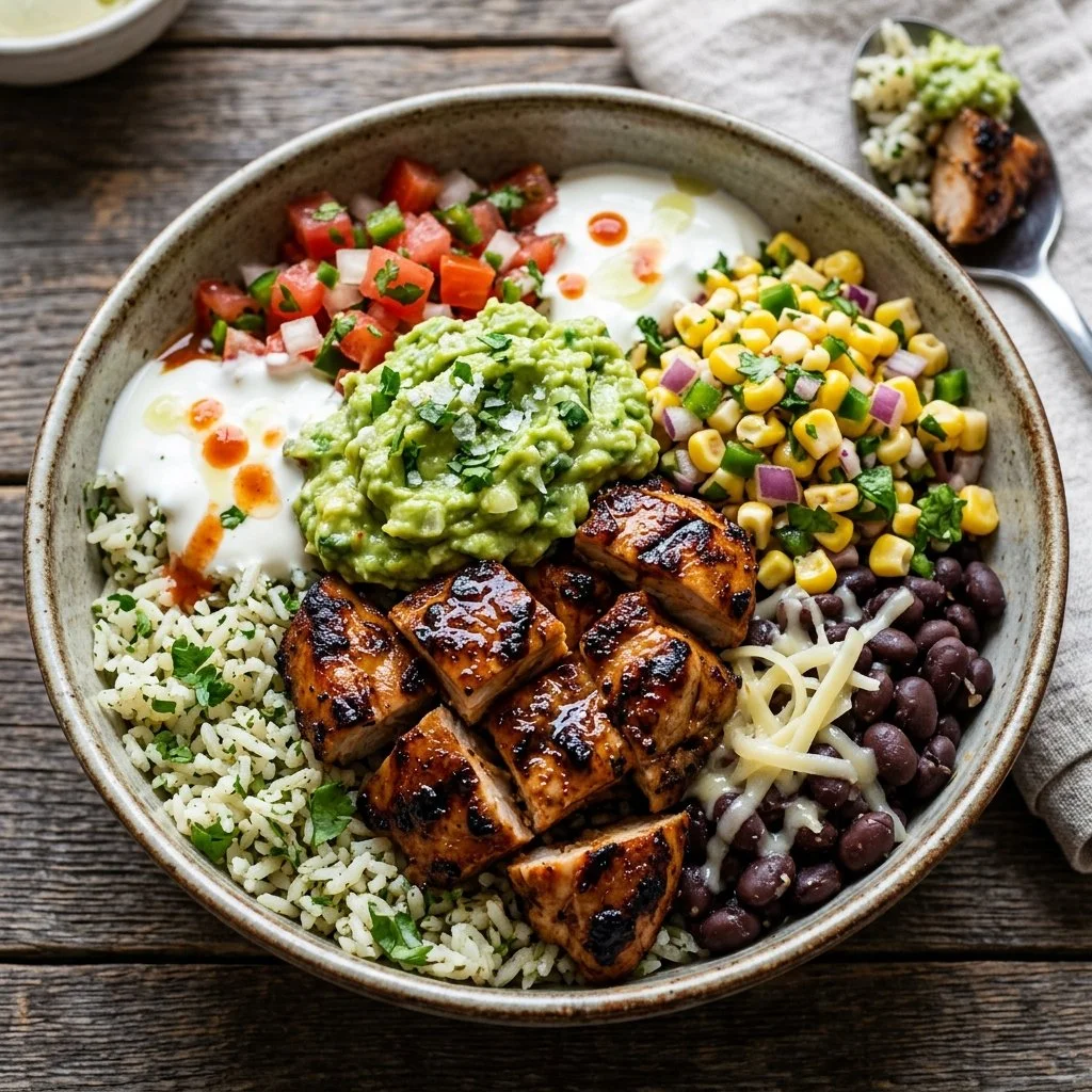 Delicious Chicken Burrito Bowl with ingredients like rice, beans, and chicken.