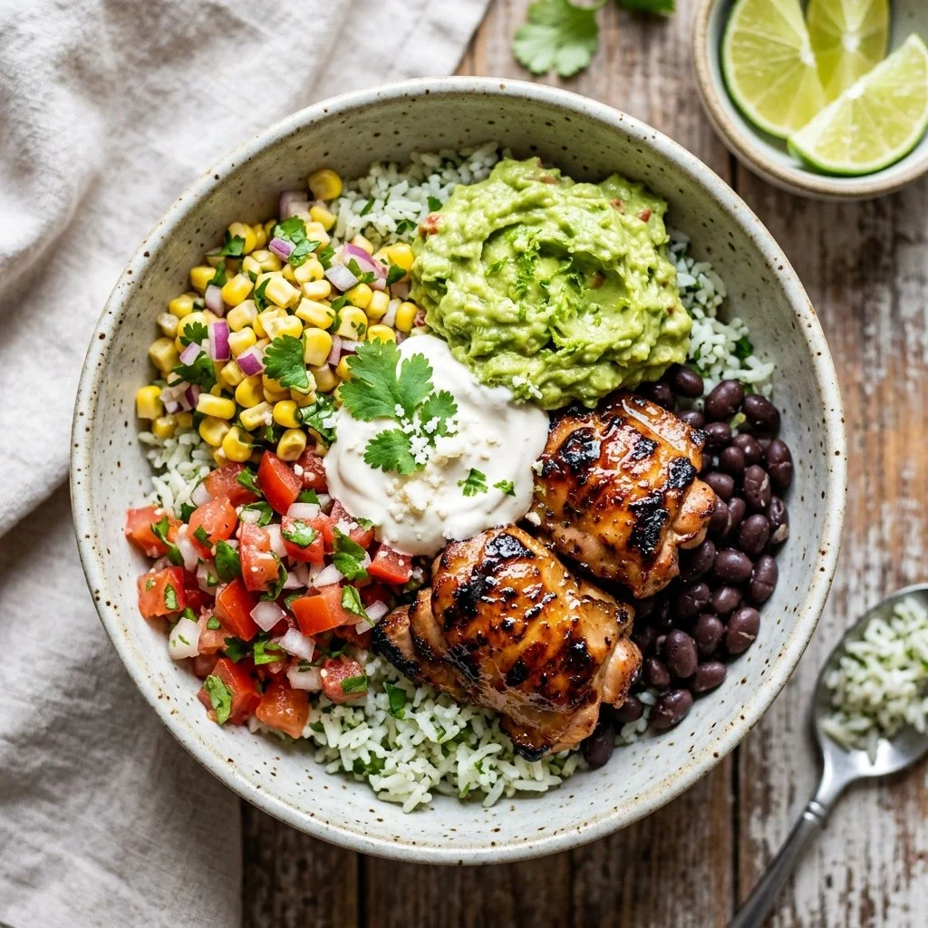 Delicious Chicken Burrito Bowl topped with fresh ingredients and spices