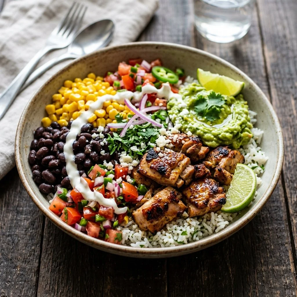 Colorful Chicken Burrito Bowl with fresh ingredients and vibrant toppings