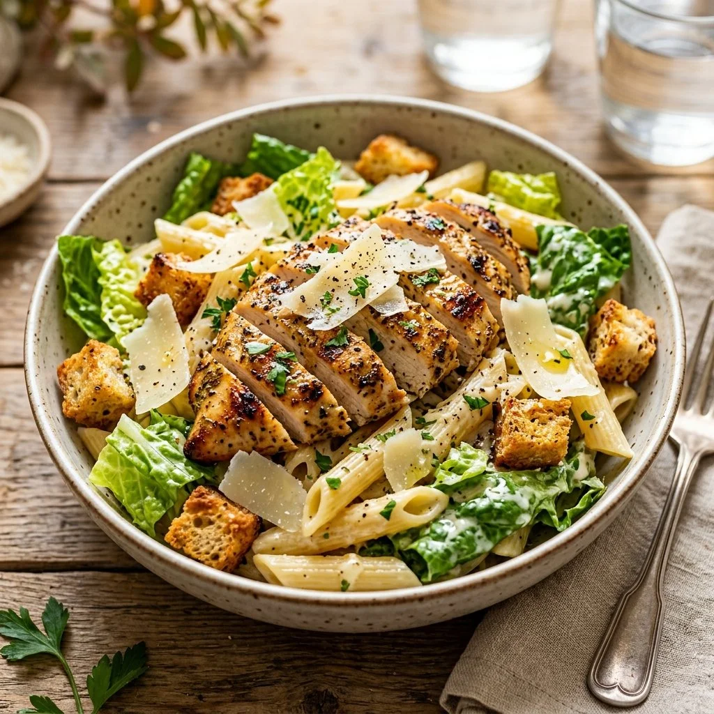 Delicious Chicken Caesar Pasta served in a bowl with fresh ingredients.
