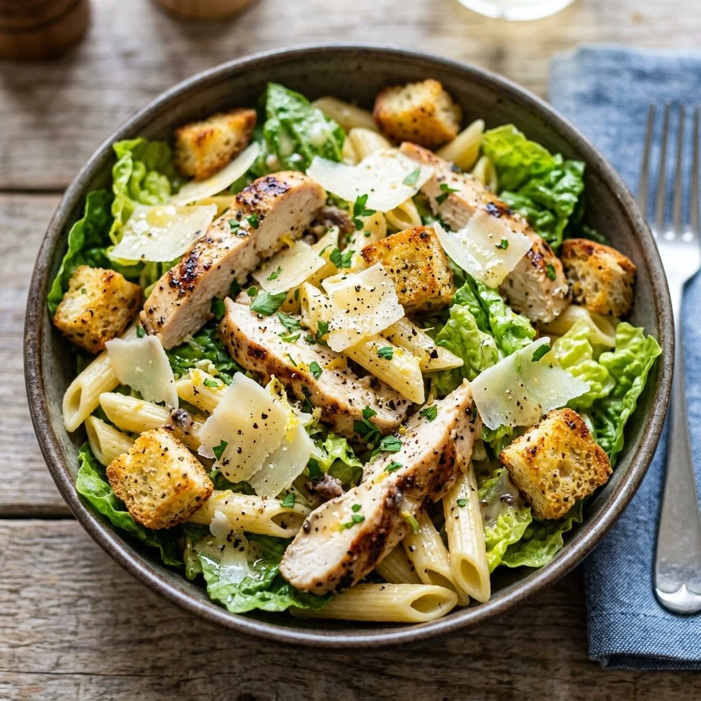 Delicious Chicken Caesar Pasta Salad with grilled chicken and romaine lettuce
