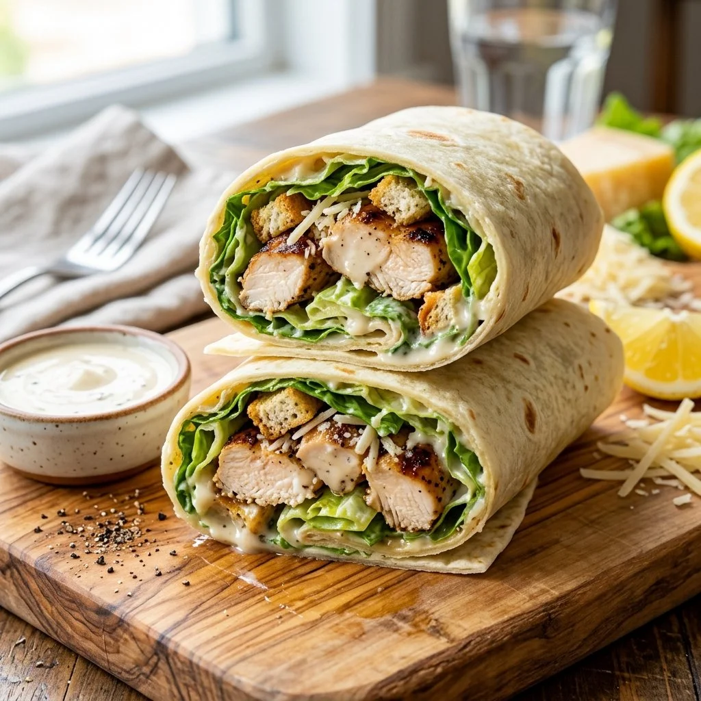 Delicious Chicken Caesar Salad Wraps with crisp lettuce and grilled chicken