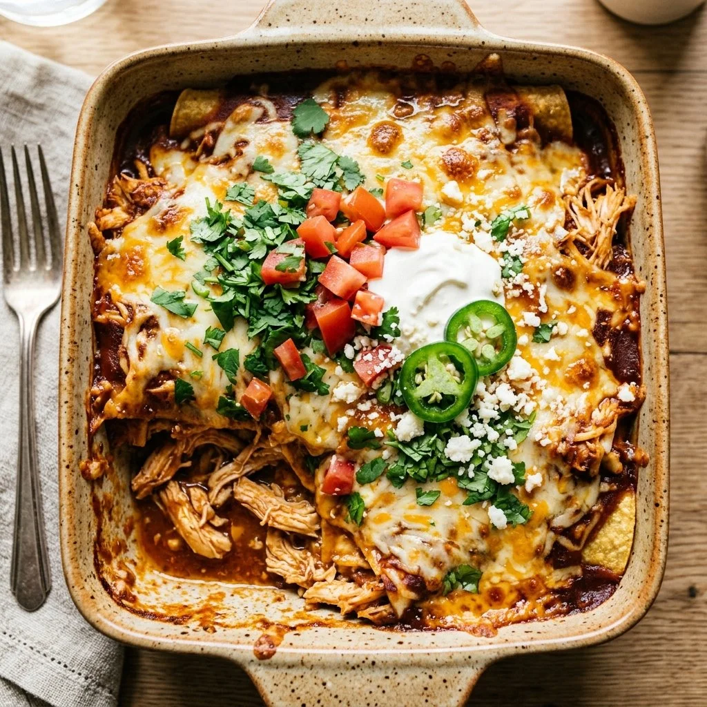 Delicious Chicken Enchilada Bake topped with cheese and cilantro